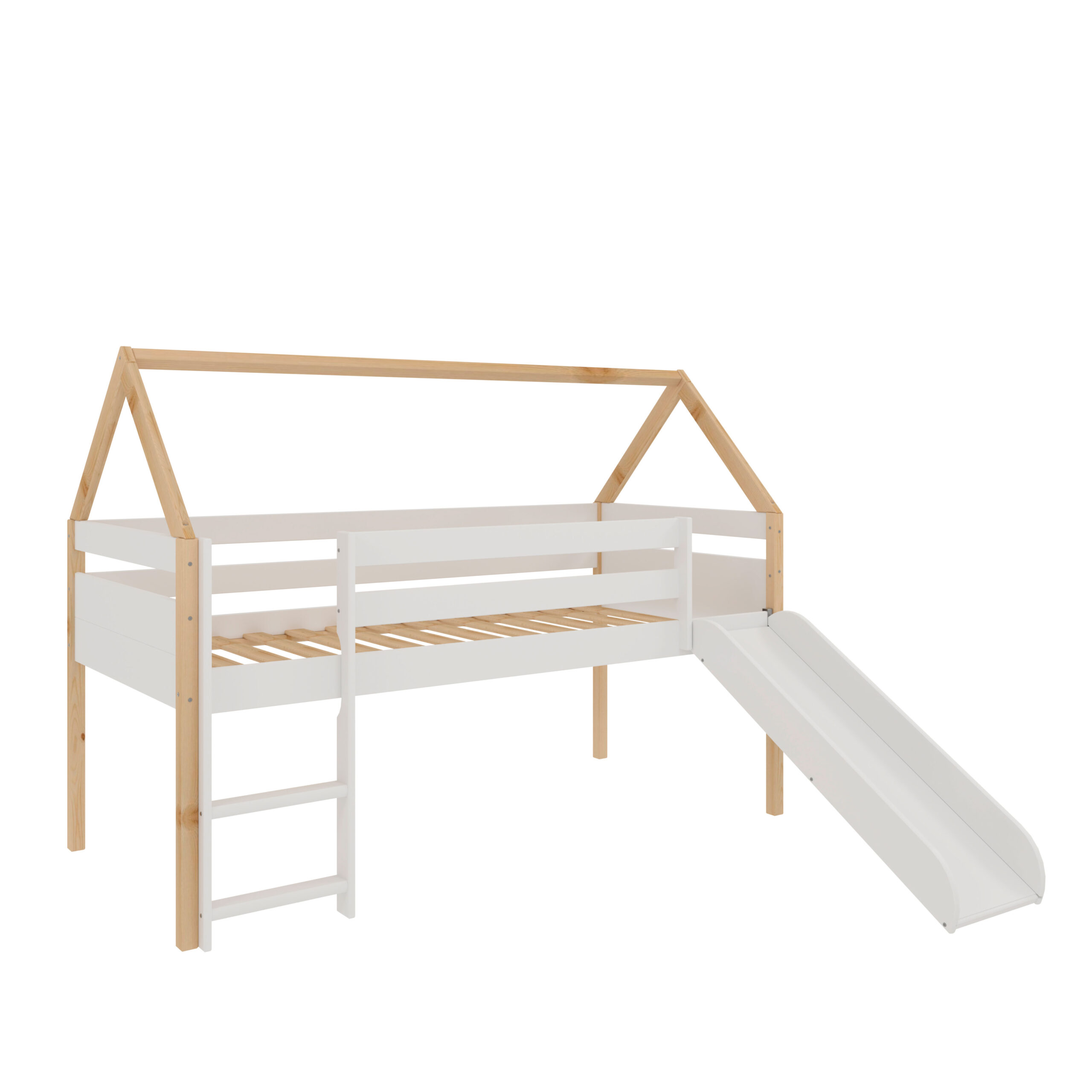 Cama infantil estilo casita con Tobogán y Escalera - 45x195x97 cm (Blanco y Madera)
