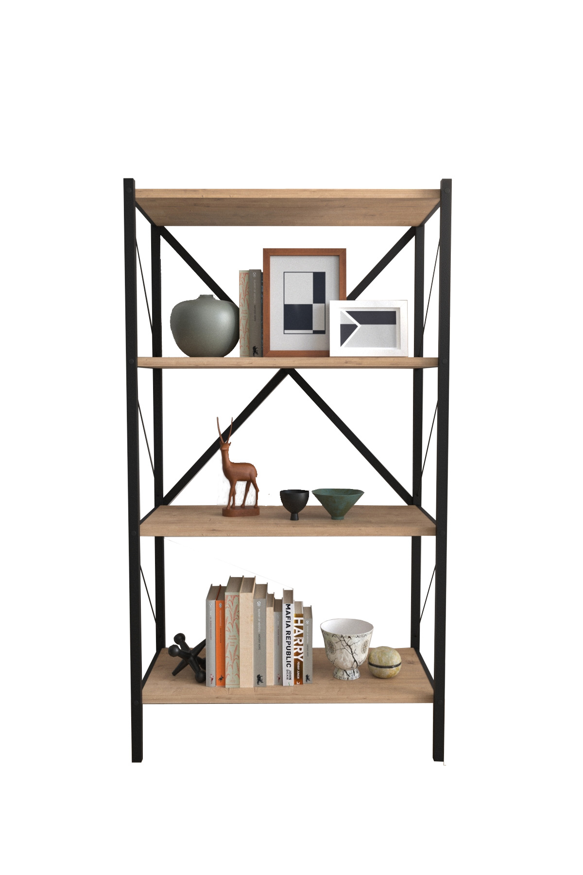 Estantería de Estilo Industrial con 4 Niveles con estantes en melamina Color safir y Estructura de Acero en Negro (Alto 121 / Ancho 66 / Fondo 34) cm
