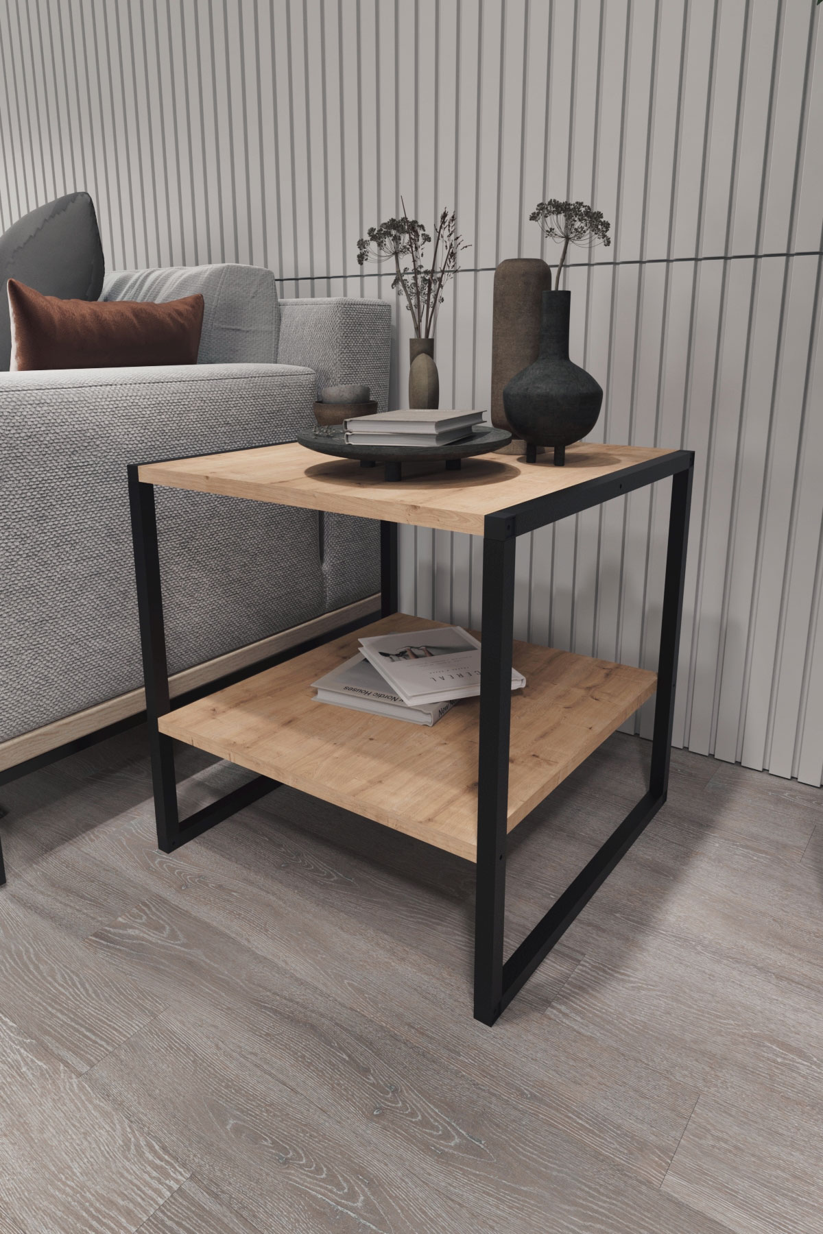 Mesa de Centro Cuadrada de Estilo Industrial con revistero en melamina y Acero Color safir - Negro (Alto 56 / Ancho 50 / Fondo 50)
