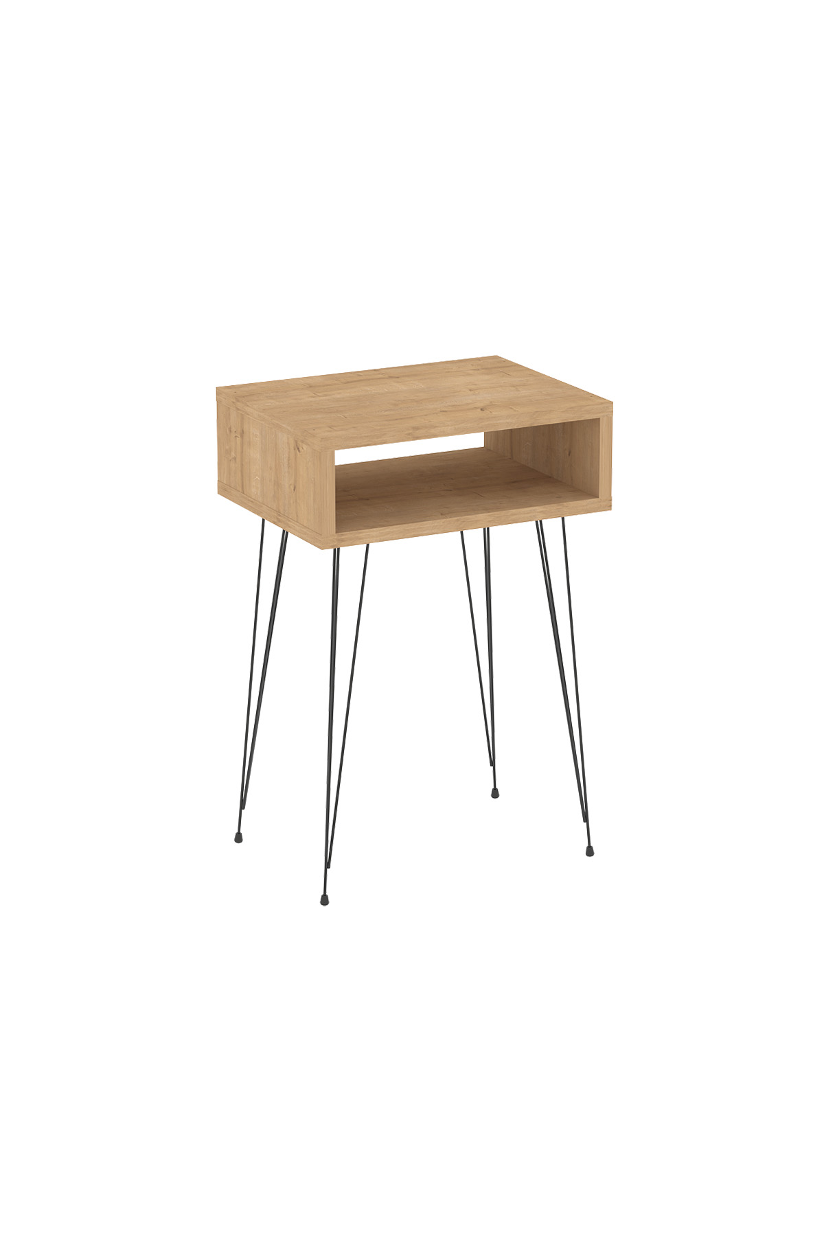 Mesita de Noche Dormitorio con Cajón Abierto en Color (Roble) y Patas Métalicas